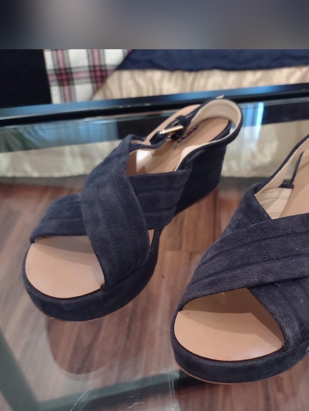 Navy Suede Ankle Strap Sandals Platform Wedge Slide